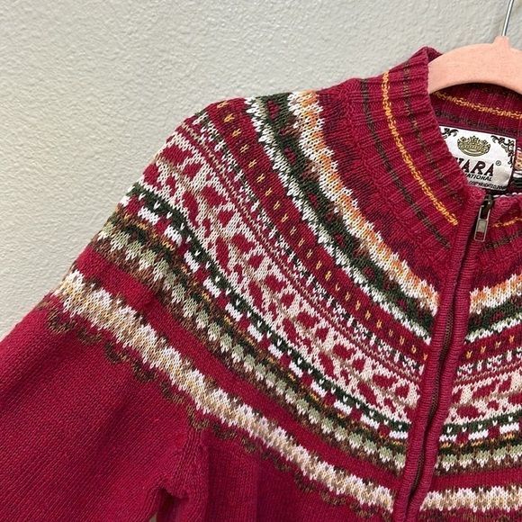 Vintage Tiara International Red Green Yellow Fair Isle Full Zip Sweater sz large - Picture 3 of 9